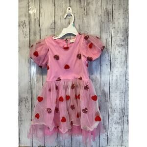 Truly Me Girls 6S Pink Dress Red Sequin Hearts Tiered Tulle Puff Sleeve